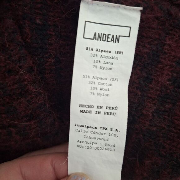 Andean Mens Alpaca Wool Blend Cable Knit Shawl Cardigan Sweater Maroon Small - Picture 8 of 15